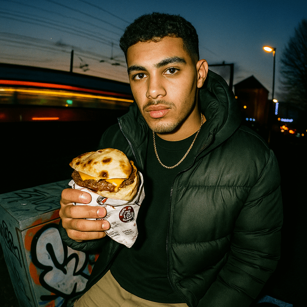 homme qui mage un burger à la gare d'annecy